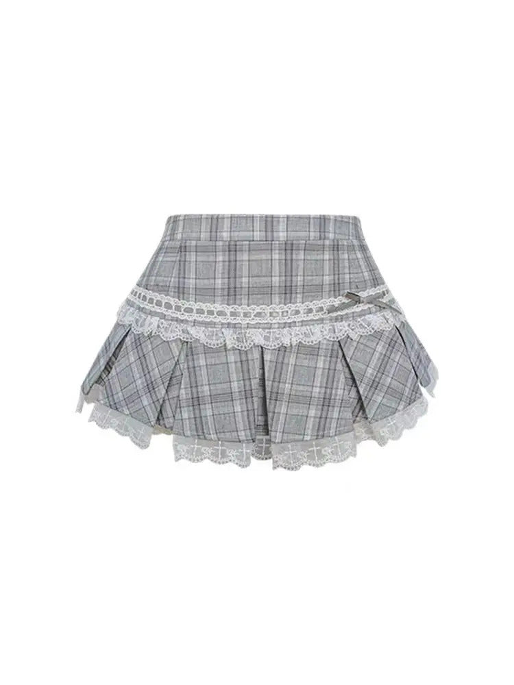 Japanese Sweet Preppy Style Skirt Set Women Kawaii Lace Patchwork Bow Tops + Y2k Plaid Mini Skirt Elegant Outifits 2 Piece Set