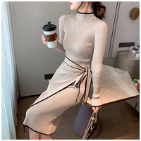 Women Knitted Dress New Autumn Winter Slim Lace-Up Long Sleeve Bottoming Sweater Skirt Elegant Fashion Office Female Vestidos