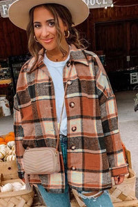 Orange Plaid Print Buttoned Shirt Jacket