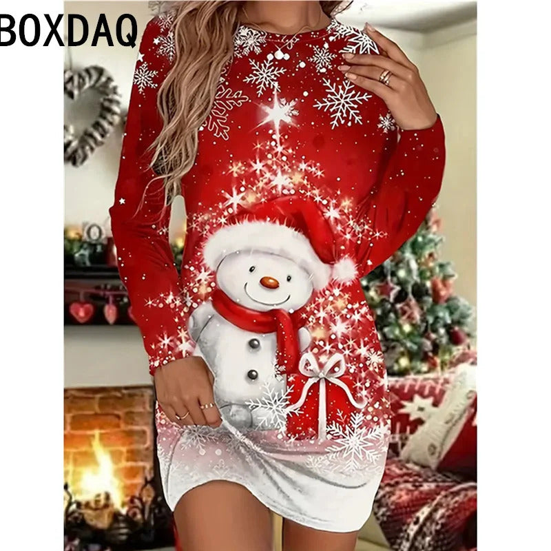 Ladies' Red Christmas Day Party Dress 3D Christmas Tree Pattern Printed Dress Big Size Autumn Long Sleeve O-Neck Casual Dresses