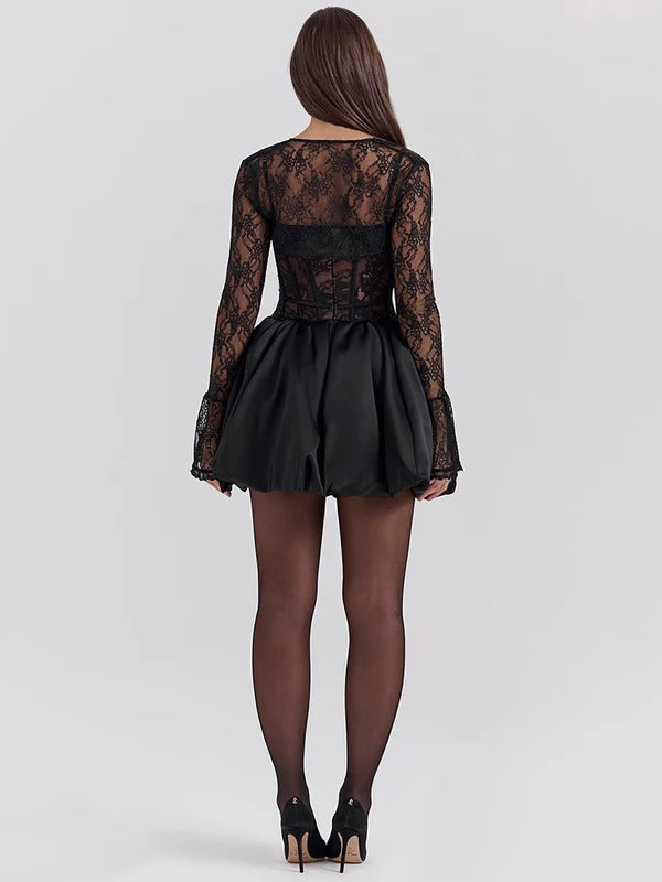 Mozision Black Lace Puffball Sexy Mini Dress For Women Fashion Lace-up Sheer Long Flare Sleeve High Waist Club Party Dress