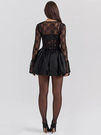 Mozision Black Lace Puffball Sexy Mini Dress For Women Fashion Lace-up Sheer Long Flare Sleeve High Waist Club Party Dress