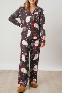 White Printed Christmas Santa Claus Print Shirt and Pants Pajama Set