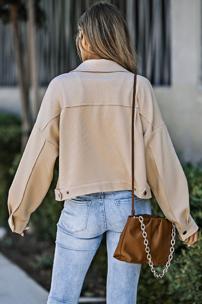 Khaki Waffle Knit Buttons Cropped Jacket with Pockets