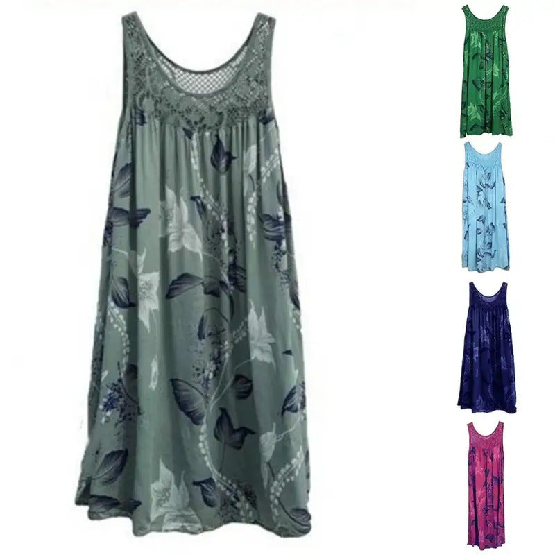 Plus Size Floral Printed Lace Stitching O-Neck Sleeveless Women Summer Loose Tank Dress