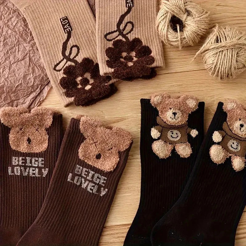 3 Pairs Women Cartoon Bear Mid Tube Socks Fashionable Cute Three-Dimensional Printed Letter Socks Soft Comfortable Casual Socks