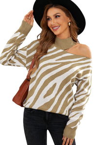 Khaki Zebra Print Mock Neck Cold Shoulder Sweater