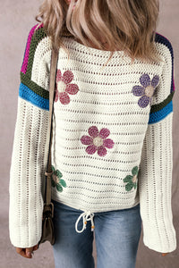 White Daisy Flower Pointelle Knit Sweater