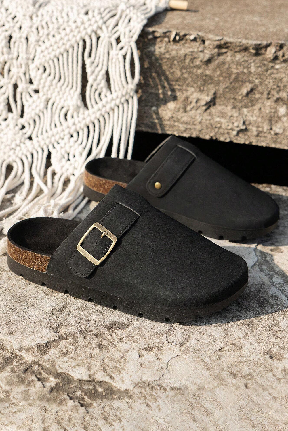 Black Suede Buckle Detail Slippers