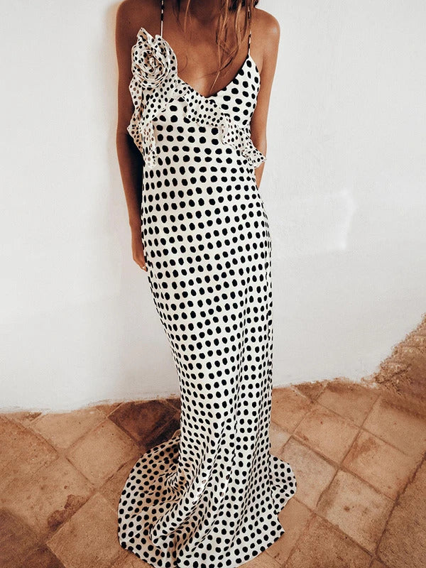 JULISSA MO Sexy Backless  Print Dots Flower Women Maxi Dress Spaghetti Strap Evening Dress Autumn Skinny Elegant Party Clubwear