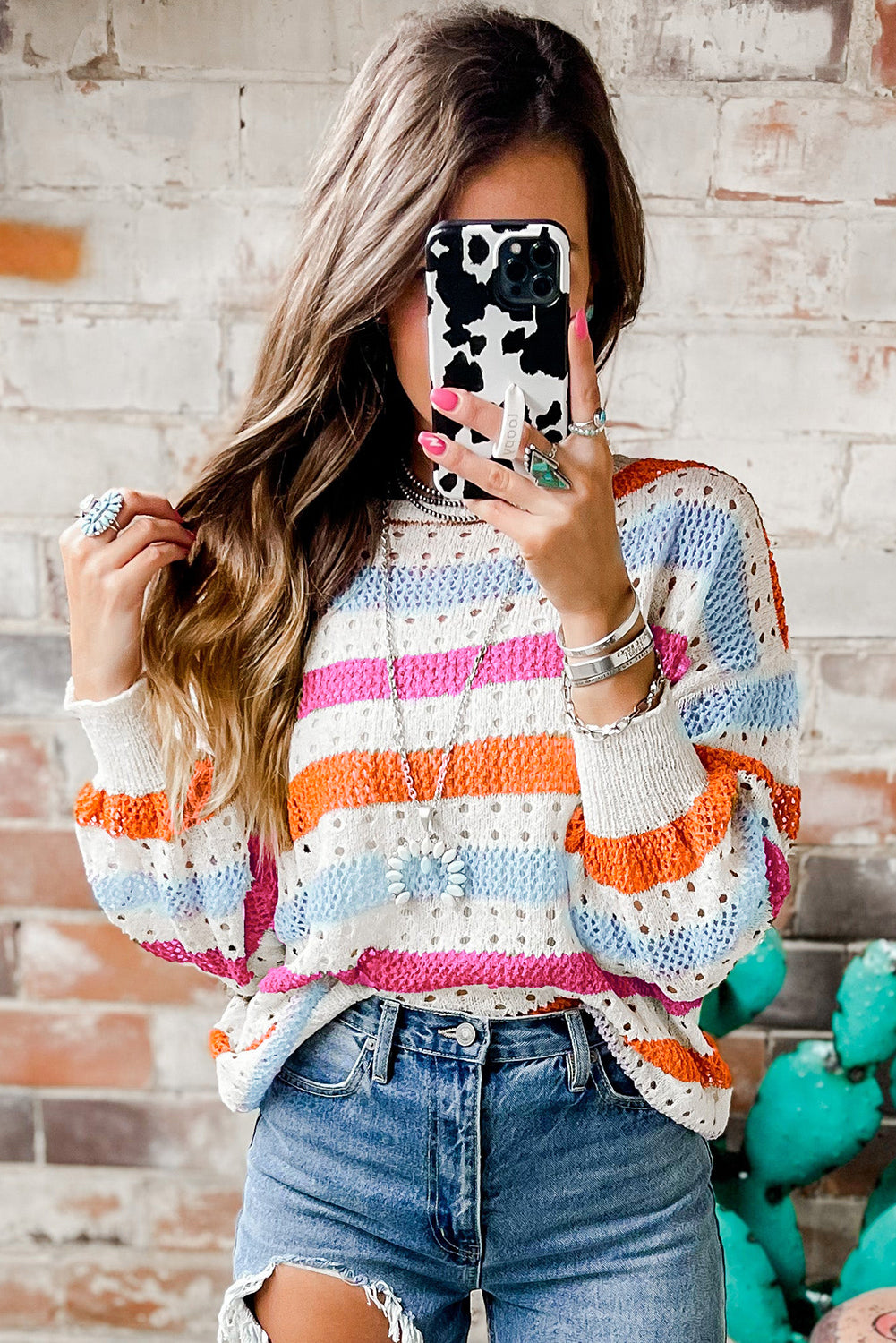 Tan Striped Hollowed Knitted Loose Sweater