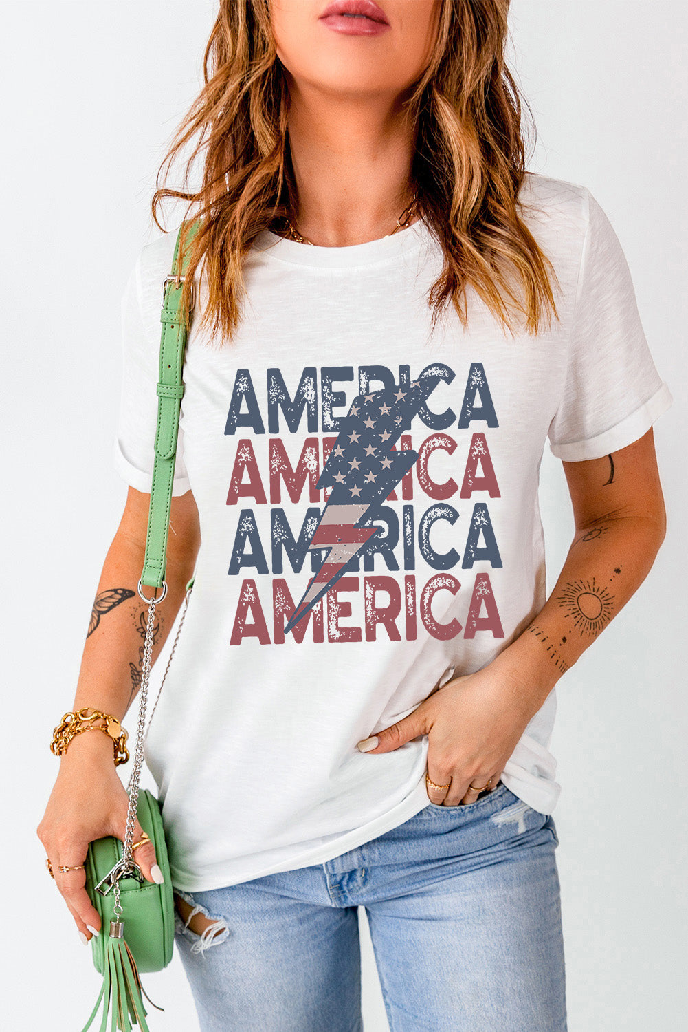 White AMERICA Flag Lightning Graphic Tee