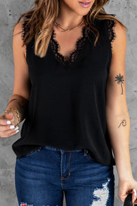 Blank Apparel - Black Sleeveless Eyelash Lace V Neck Tank Top