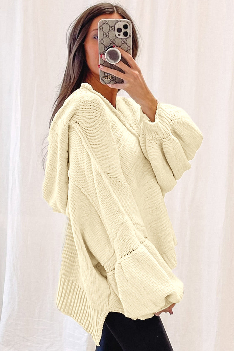 Beige Oversized Balloon Sleeve Hooded Sweater