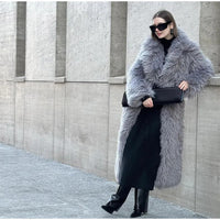 Winter New Women's Plush Faux Fur Overcoat Fashion Long Sleeved Warm Turn-down Collar Cardigan High Street Loose Outerwear 2024