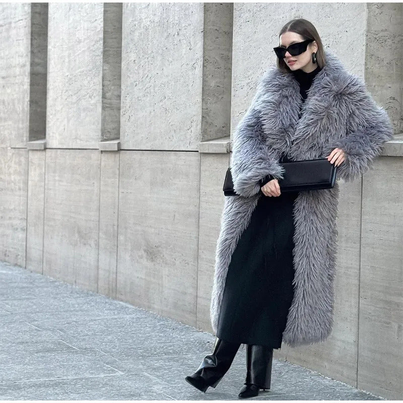 Winter New Women's Plush Faux Fur Overcoat Fashion Long Sleeved Warm Turn-down Collar Cardigan High Street Loose Outerwear 2024