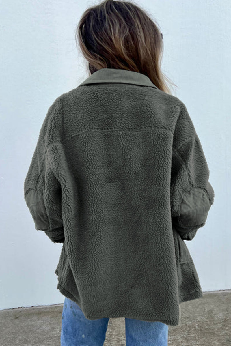 Gray Corduroy Trim Elbow Patch Sherpa Jacket