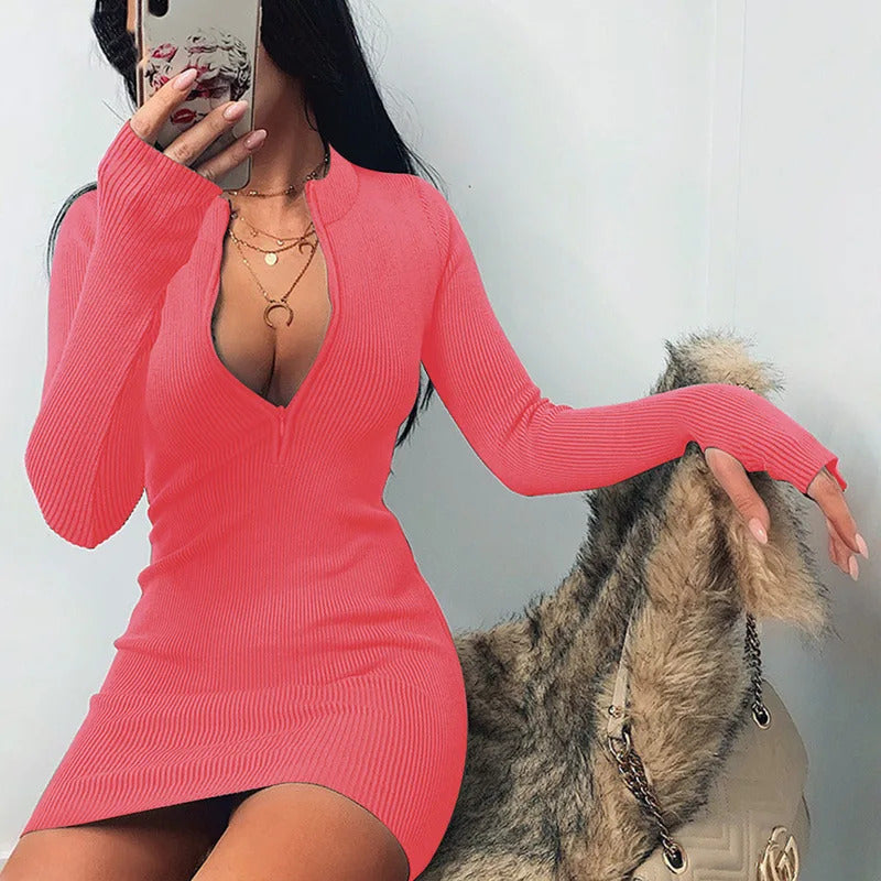 Women Half Zip Up Bodycon Party Dress Spring Autumn Long Sleeve Slim Rib Knitted Mini Dresses MYJ-myj16888