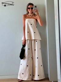 Casual Women Printing Dot Strapless Top Pants Suit Fashion Sleeveless Wide Legs Pant Slim Sets 2025 New Spring Outfit Streetwear