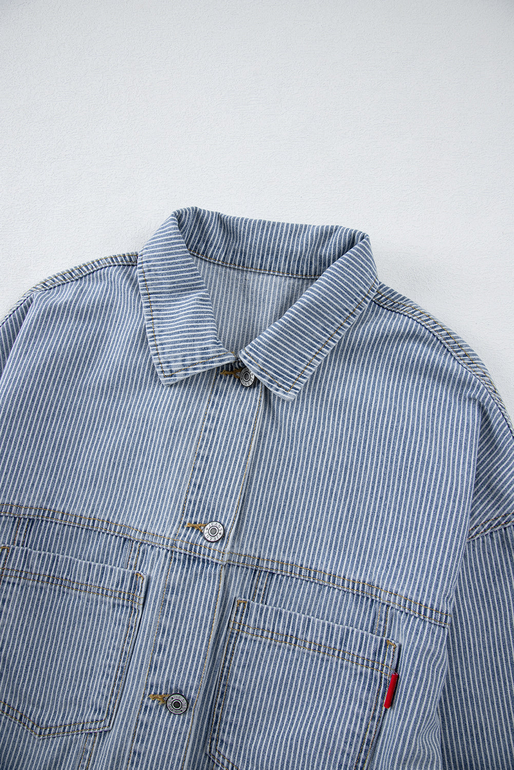 Sky Blue Stripe Washed Oversize Pocketed Denim Jacket