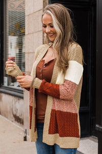 Khaki Color Block Long Sleeve Open Front Cardigan Sweater