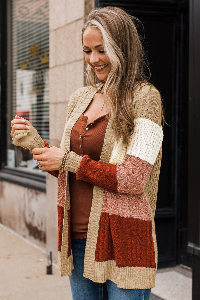 Khaki Color Block Long Sleeve Open Front Cardigan Sweater