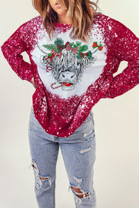 Fiery Red Christmas Cow Bleach Print Long Sleeve Sweatshirt