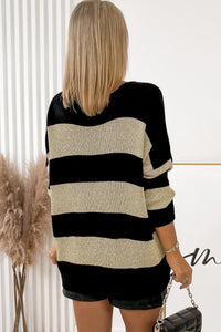 Black Contrast Striped V Neck Loose Sweater