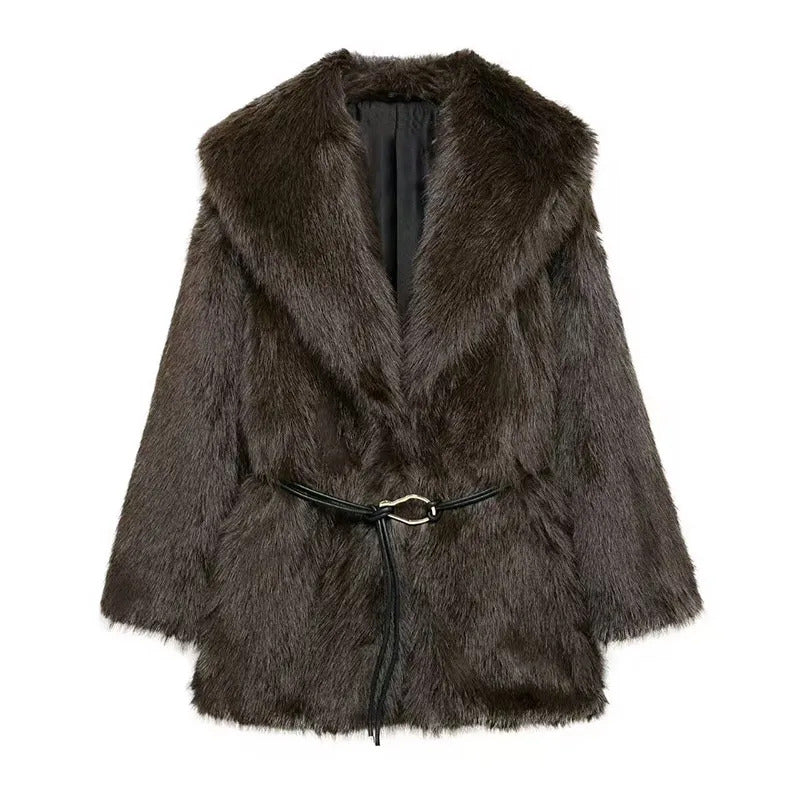 Street Women's Long Fluffy Fur Coat With Belt Slim Lapel Long Sleeve Thicken Overcoat 2024 Winter Lady Elegant Luxury Outwear