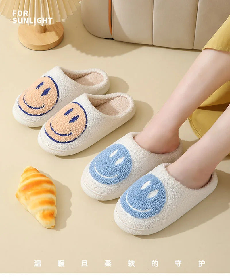 Cute Smiles Women's Fluffy Slippers Winter Indoor Closed Toe Warm Couple Slippers Woman Non-slip Flat Heel Fur Home Slides Shoes