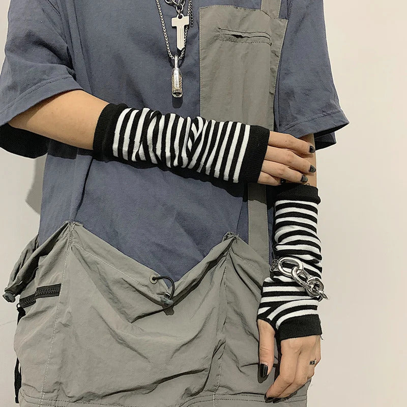 Punk Long Sleeves Fingerless Gloves Cuff for Women Men Stripe Hip-Hop Knitted Elbow Mittens Elastic Winter Arm Warmer Outdoor