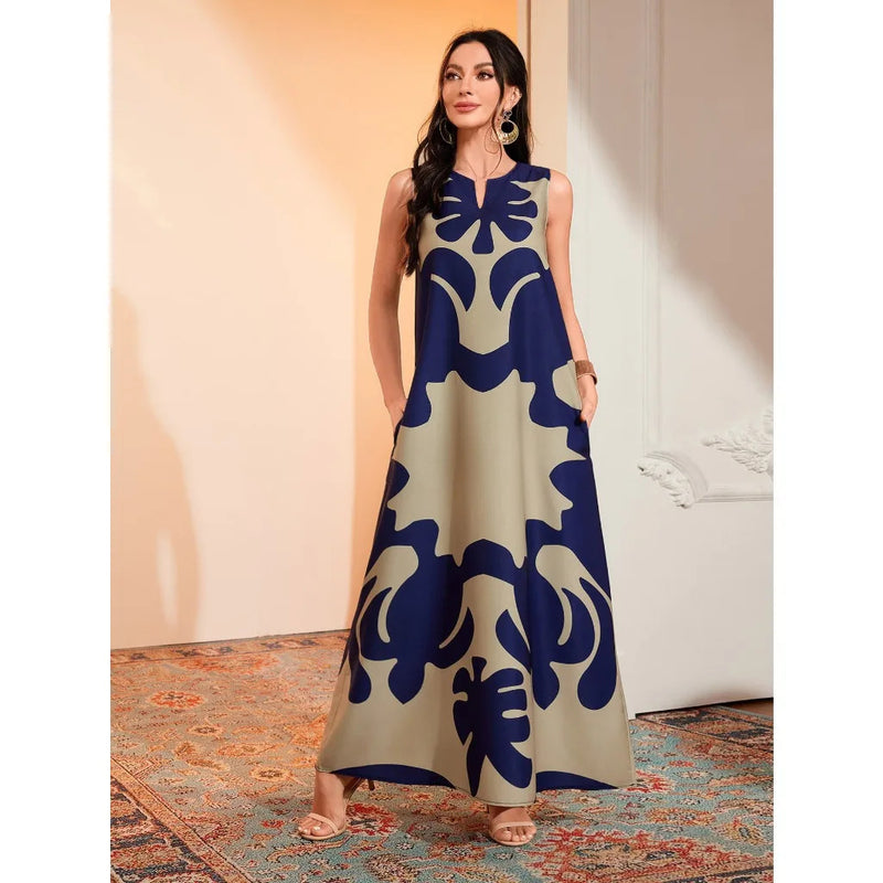 Women's summer Boho vintage maxi dress Women's pocket loose casual print A-line dresses