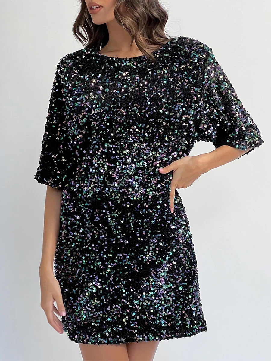 Women s Sequin Dress Casual Loose Sparkly Round Neck Short Sleeve Open Back Tie-Up Mini T-Shirt Dress for Party Club