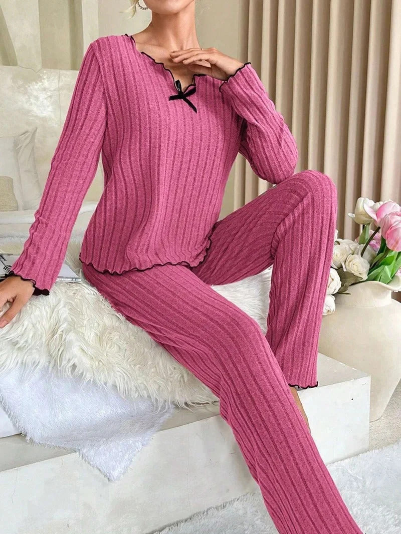 Women Autumn Winter Sleepwear Ribbed Pajamas Set Long Sleeve Top and Long Pants 2 Piece Set Casual Homewear Loungewear