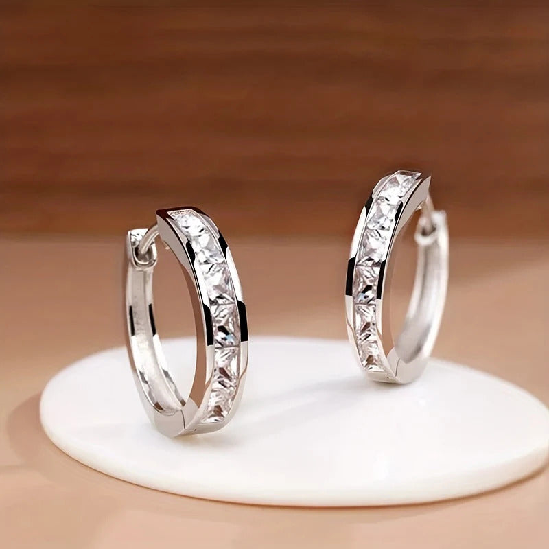 Huitan Classic Design Women Hoop Earrings Full with Princess Square CZ Simple and Elegant Female Accessories Versatile Jewelry