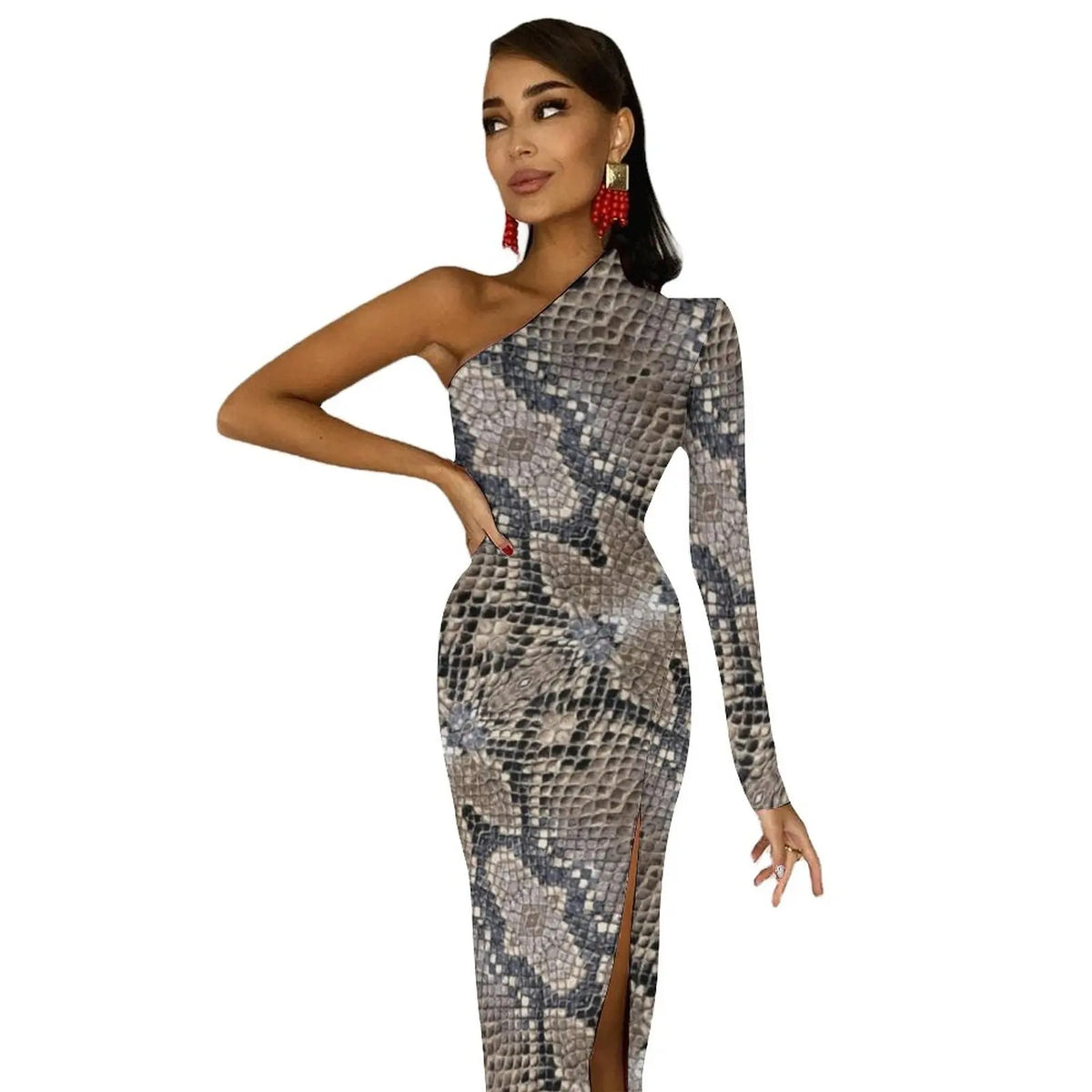 Snakeskin Bodycon Dress Summer Greys and Silvers Retro High Slit Long Dresses Long Sleeve Graphic Aesthetic Dress