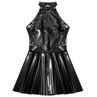 Womens Latex Swing Skirt Disco Dress Glossy Patent Leather Clubwear Halter Sleeveless Skater Mini Dress Rave Party Clubwear