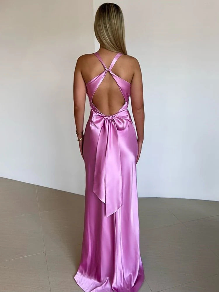 Mozision Satin Bow Backless Sexy Maxi Dress For Women Gown Fashion V Neck Sleeveless Club Party Evening Dress Elegant