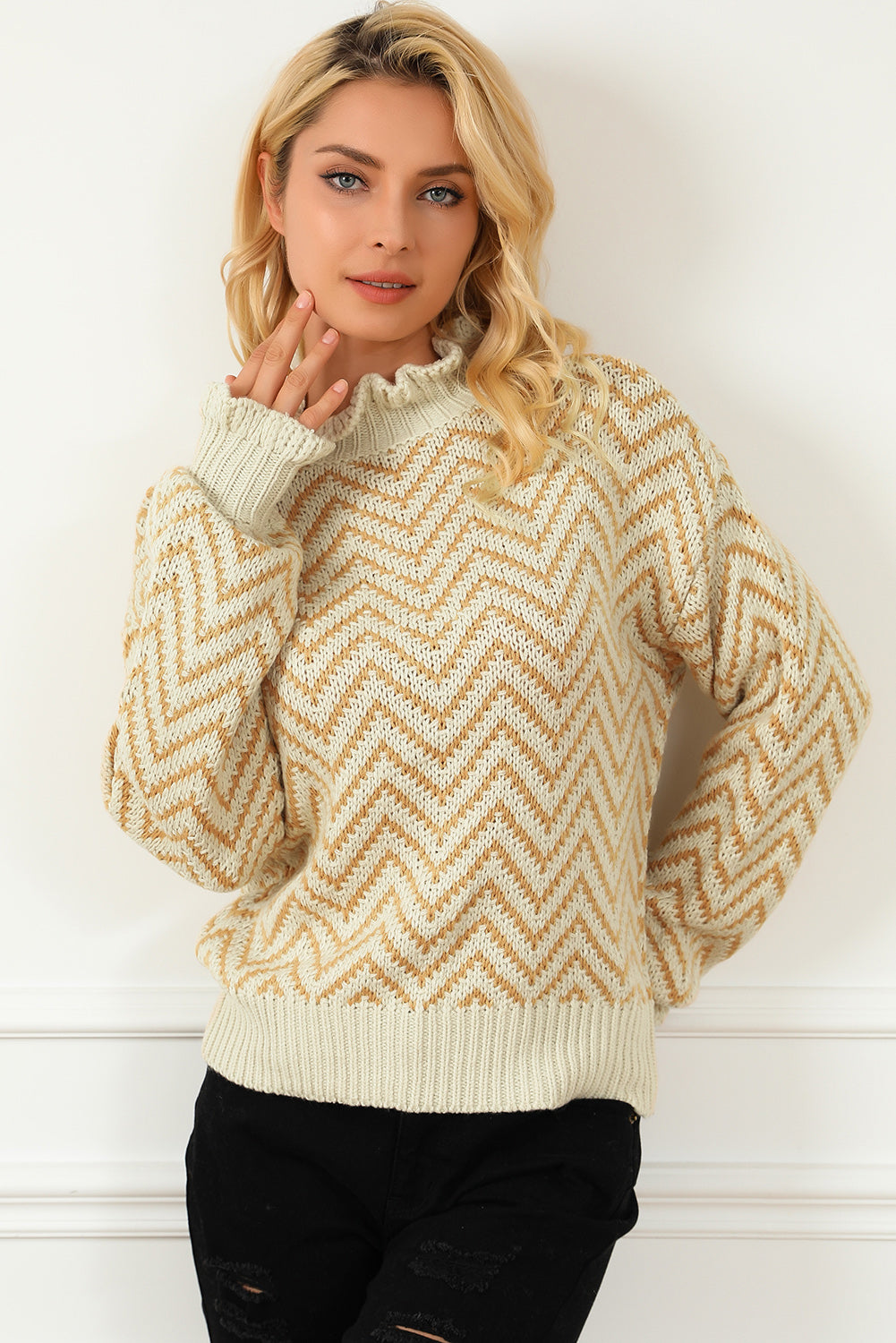 Khaki Chevron Striped High Neck Drop Shoulder Sweater