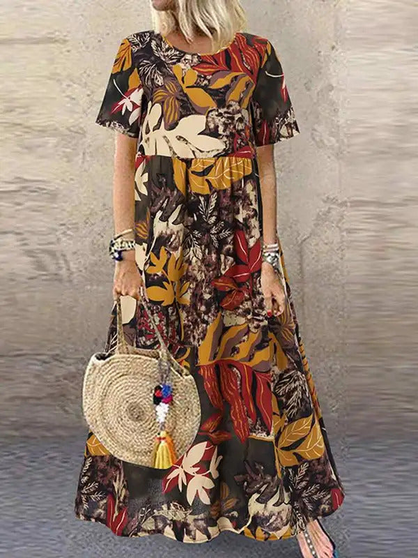 ZANZEA 2023 Vintage Printed Dress Women's Summer Sundress Casual Short Sleeve Maxi Vestidos Female O Neck Floral Robe Femme