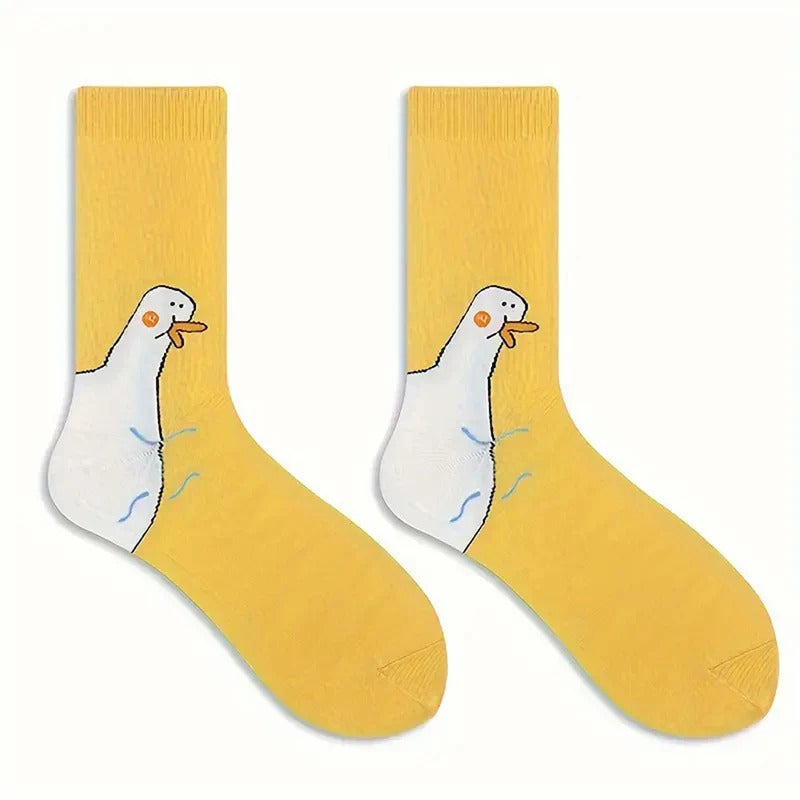 1/6 Pairs Cartoon Women Socks Fashionable And Versatile Cute Design Funny Goose Breathable Soft Comfortable Women Casual Socks﻿