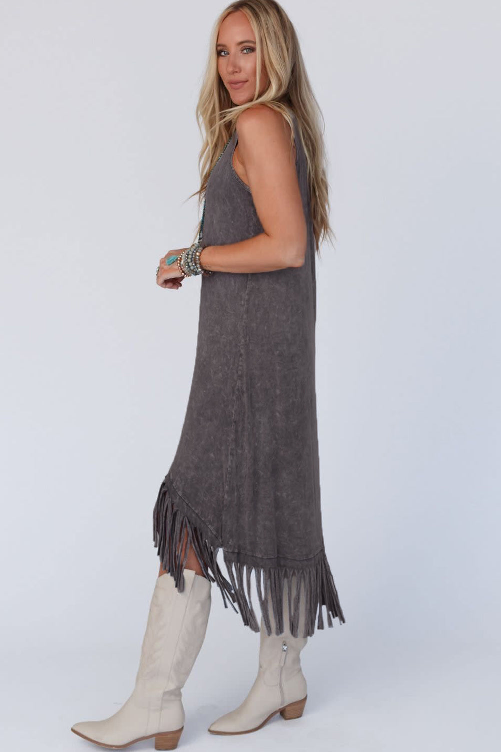 Gray Round Neck Sleeveless Fringe Hem Long Dress