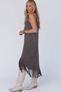 Gray Round Neck Sleeveless Fringe Hem Long Dress