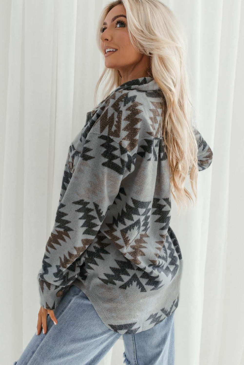 Gray Western Aztec Print Drop Shoulder Casual Shacket