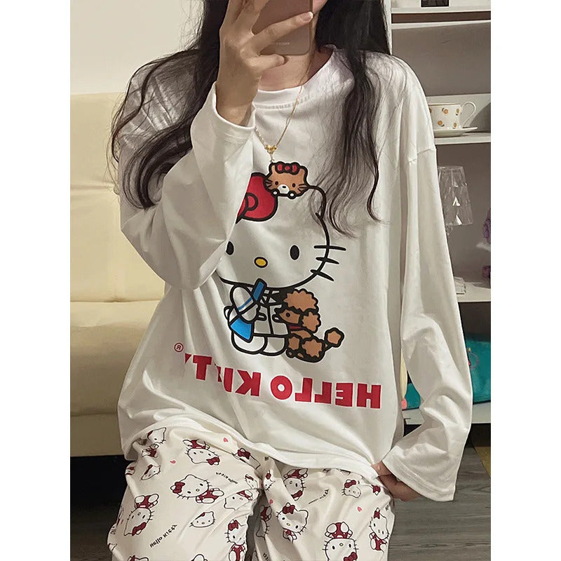 Women's Loose Round Neck Cute Kitty Homewear Pajamas Women's Simple Leisure Long Sleeve Long Pants Two-piece Suit Pajamas  Women