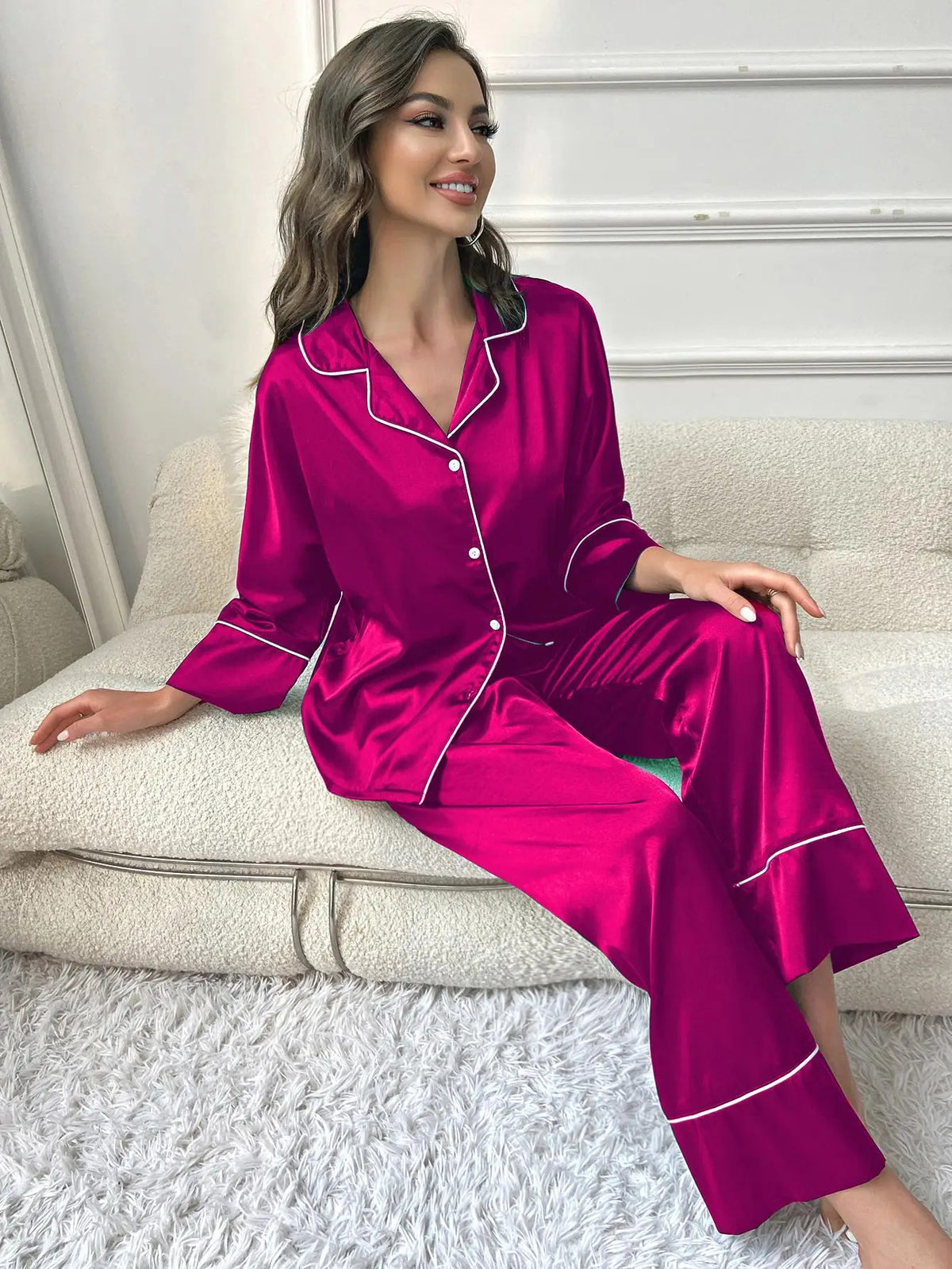 Silk Satin Women‘s Pajamas Set Notched Collar Top & Wide Leg Long Pants 2 Pieces Sleepwear Female Loungewear Like Leisure Suit