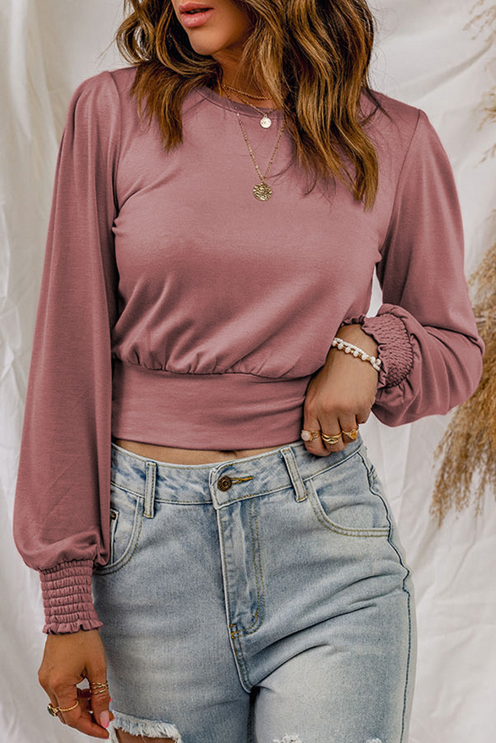 Pink Banded Hem Smocking Cuffs Long Sleeve Crop Top