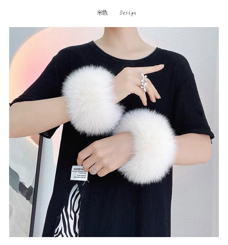 Natural Fox Fur Cuffs Wrist Arm Warmer Women Jacket Coat Sleeve Fur Triming Ladies Bracelet Real Fur Wristand Glove Snap Ring