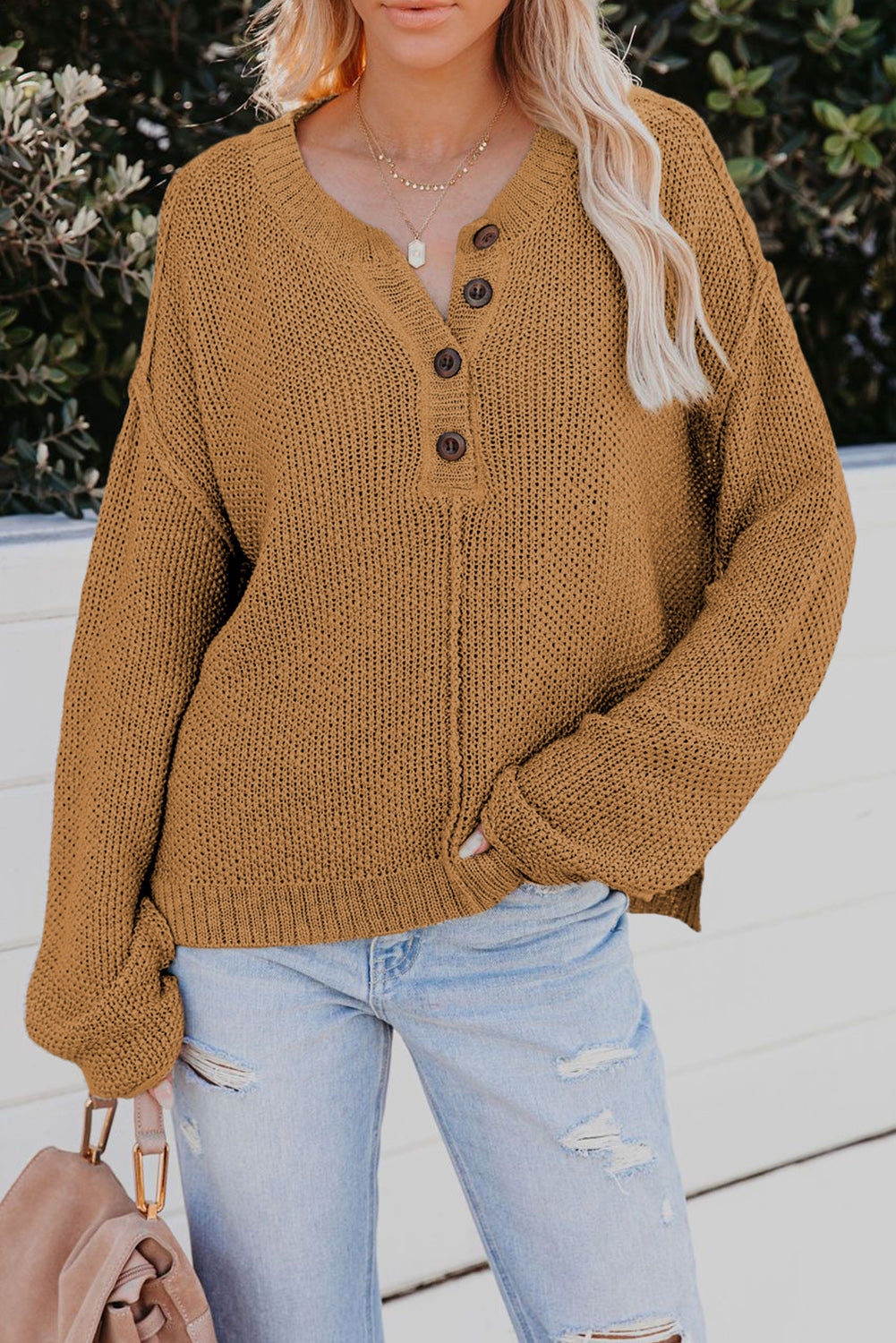 Buttoned Side Split Knit Sweater