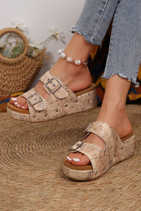 Pale Khaki Retro Buckle Studded Platform Slippers